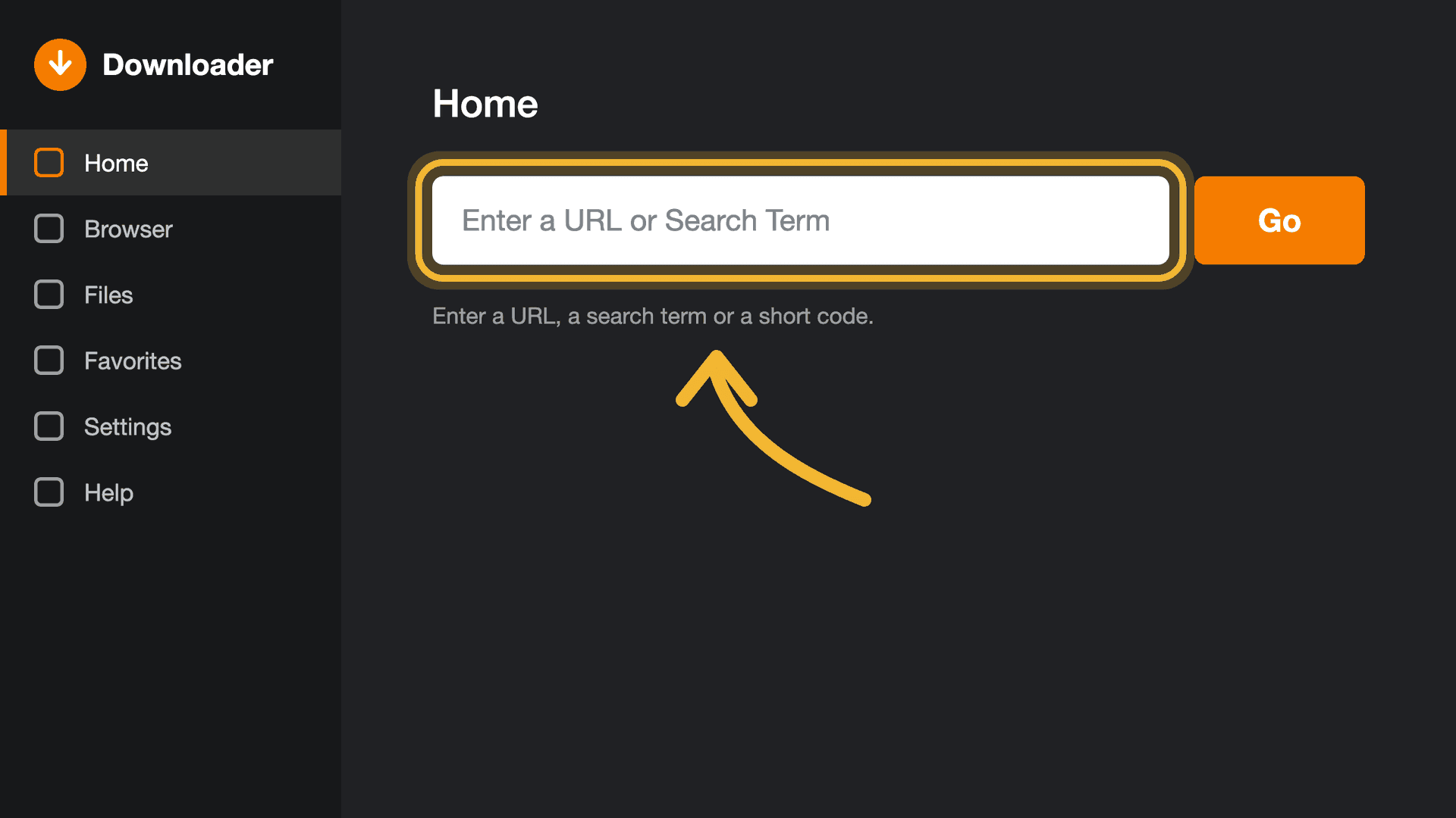 تبويب Home في تطبيق Downloader وشريط العنوان أعلى الشاشة