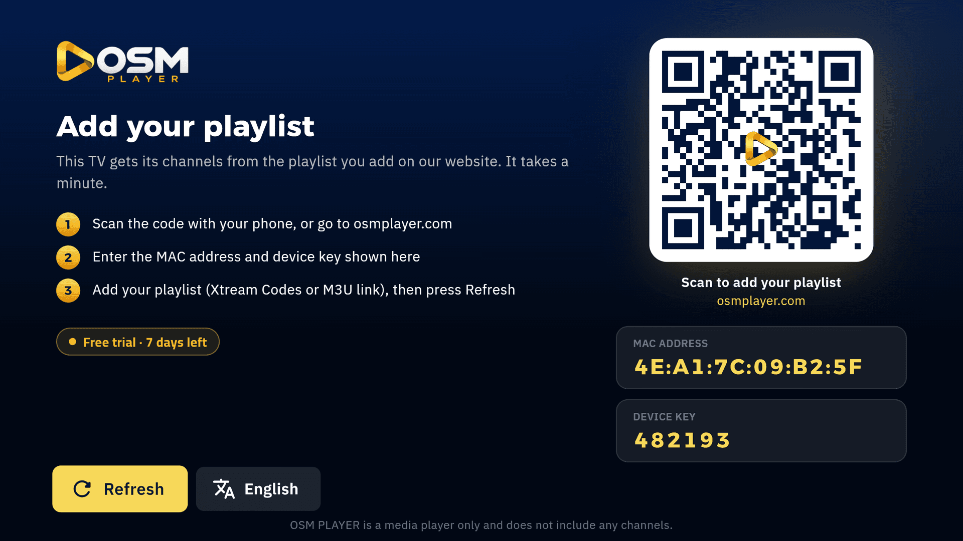 شاشة بداية OSM PLAYER على التلفزيون، وفيها عنوان MAC ومفتاح الجهاز ورمز QR